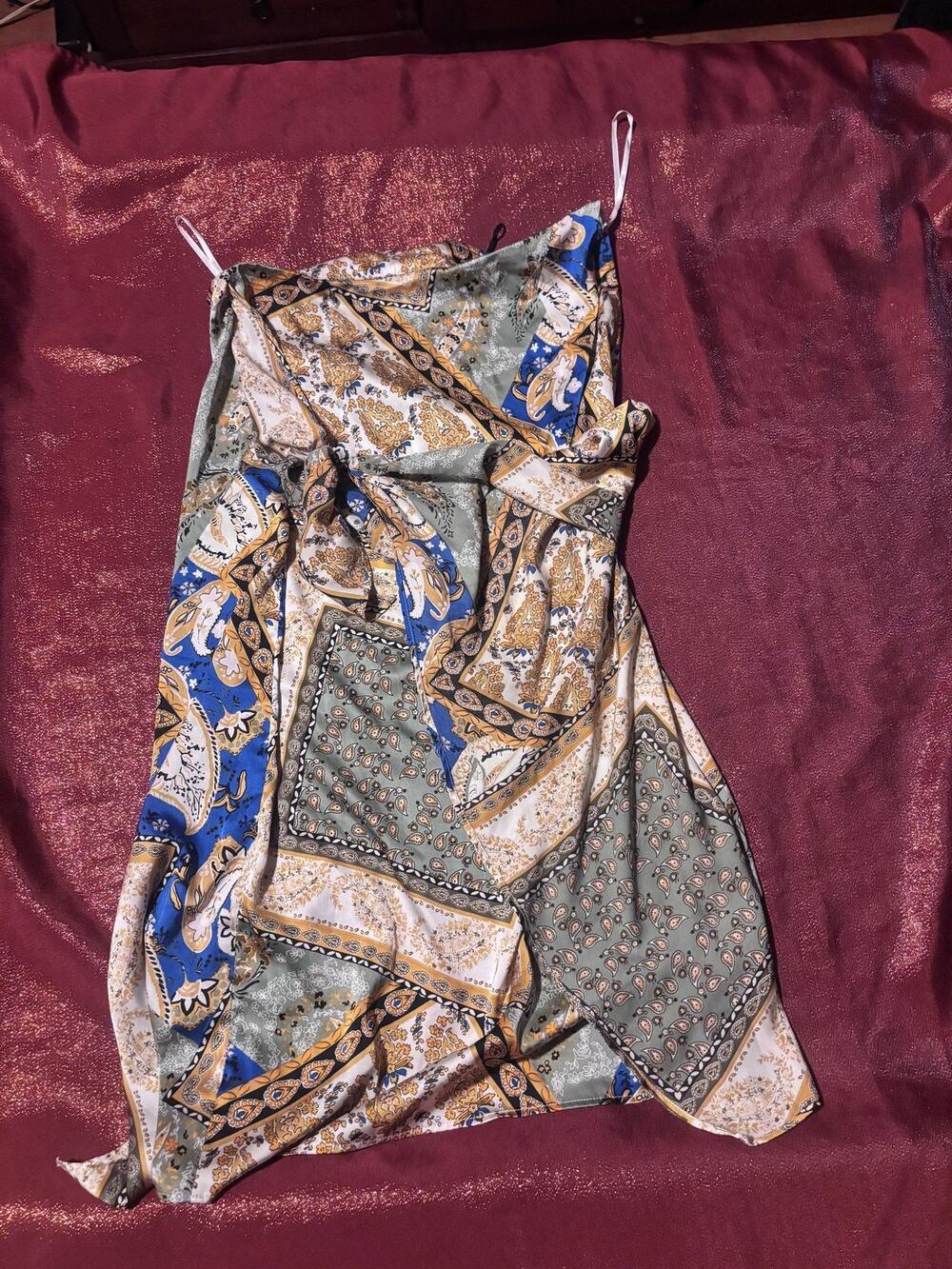 Zaful Dress Womens S Wrap Tie Waist Spaghetti Strap Paisley Scarf Print Green